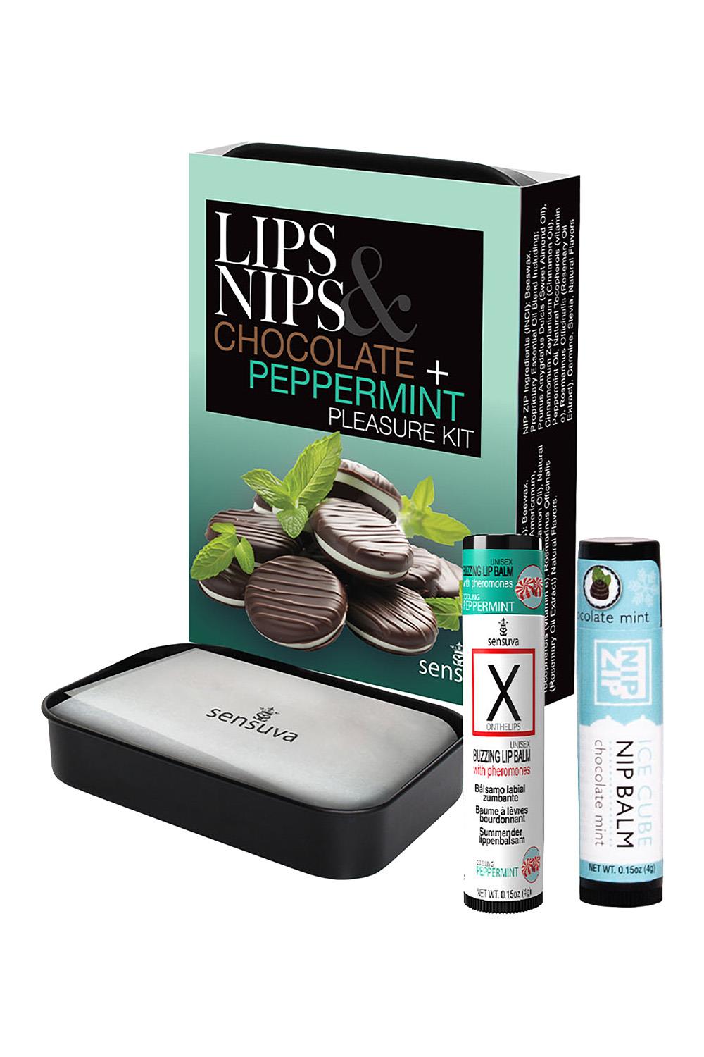 SENSUVA LIPS AND NIPS PLEASURE KIT CHOCOLATE NIP ZIP AND CHOCOLATE PEPPERMINT LTD EDITION XBALM