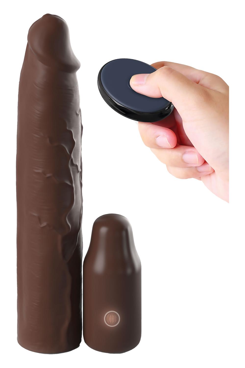 FANTASY X-TENSIONS ELITE 9 INCH SLEEVE VIBRATING 3 INCH PLUG WITH REMOTE BROWN