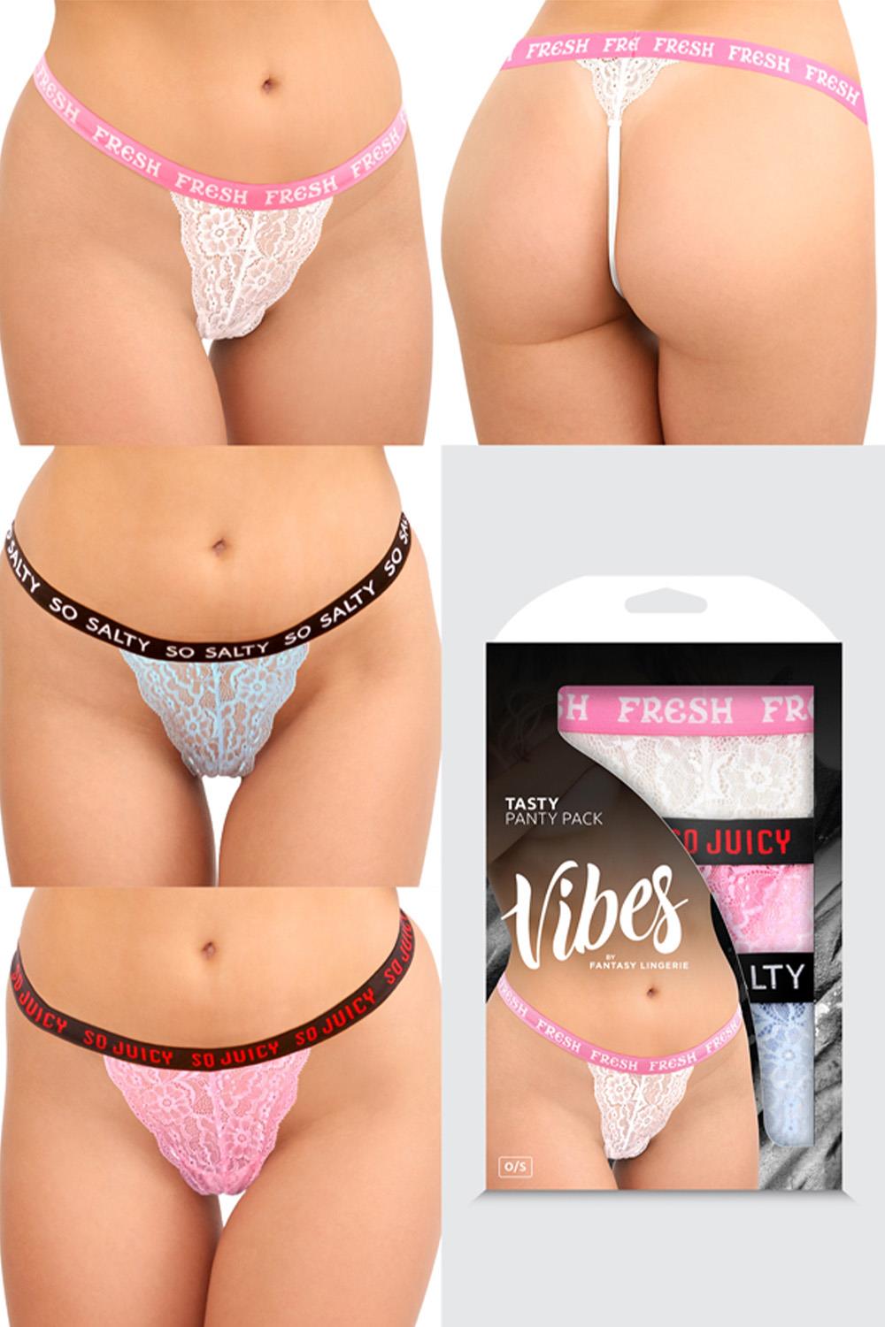 TASTY VIBES PANTY PACK 3 PAIRS OF LACE THONG PANTIES, OS