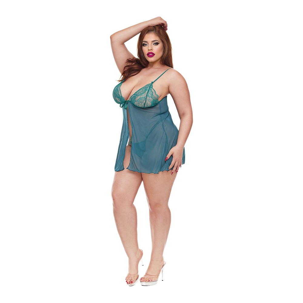 BACI LINGERIE ANGEL'S KISS BABYDOLL & PANTY SET GREEN, QS