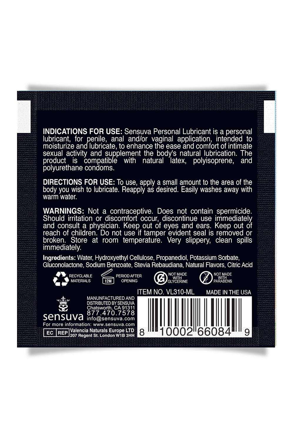 SENSUVA NATURAL WATERBASED PERSONAL LUBRICANT ORIGINAL UNFLAVORED 6ML SINGLE USE PACKET